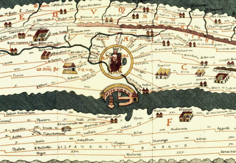 Tabula Peutingeriana with Rome (in the circle) and the port of Claudius