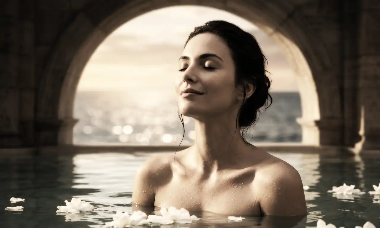 Steam rising from natural Italian thermal springs with a mountain landscape in the background